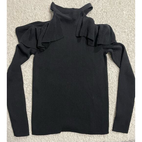 Max Edition Sweater Womens Small Open Shoulder Ruffled Black NEW MSRP $98 - Picture 1 of 10